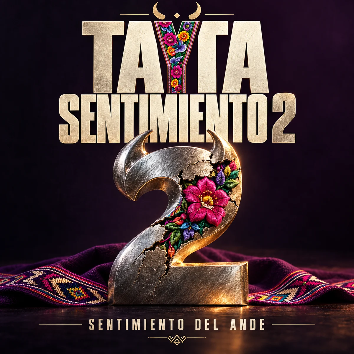 Portada oficial de TAYTA SENTIMIENTO 2 con bordado andino sobre fondo morado